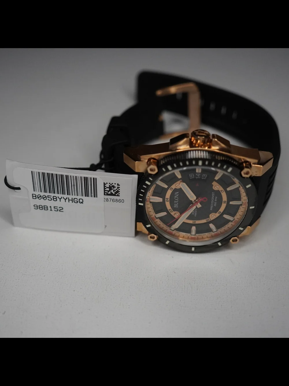 Bulova Precisionist 262kHz 300M Diver Rose Gold Black Rubber Men's Watch 98B152